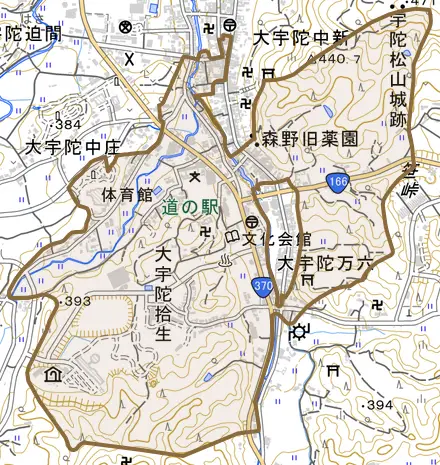 大宇陀拾生とその周辺の地図。町の範囲を重ねている