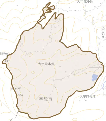 大宇陀本郷とその周辺の地図。町の範囲を重ねている