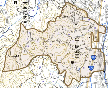大宇陀岩室とその周辺の地図。町の範囲を重ねている
