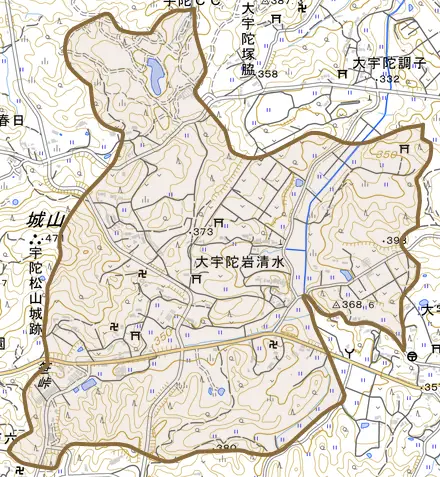 大宇陀岩清水とその周辺の地図。町の範囲を重ねている