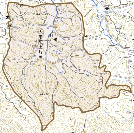 大宇陀上片岡とその周辺の地図。町の範囲を重ねている