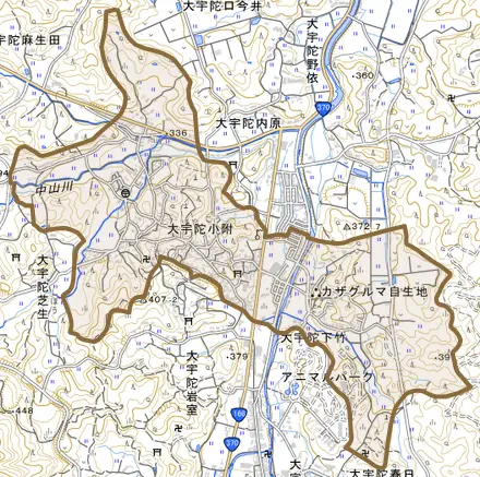 大宇陀小附とその周辺の地図。町の範囲を重ねている