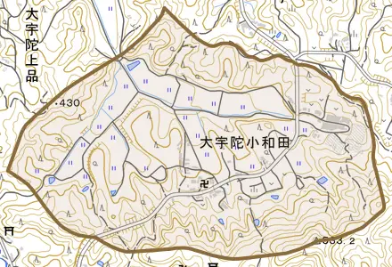大宇陀小和田とその周辺の地図。町の範囲を重ねている