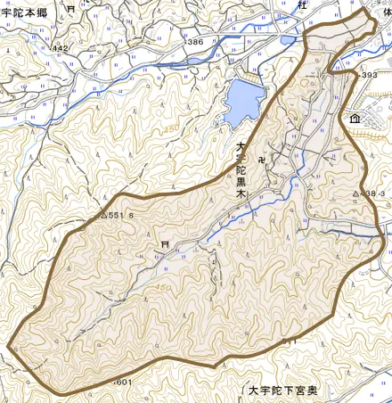 大宇陀黒木とその周辺の地図。町の範囲を重ねている