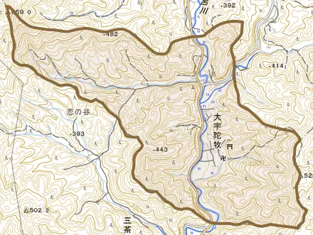 大宇陀牧とその周辺の地図。町の範囲を重ねている