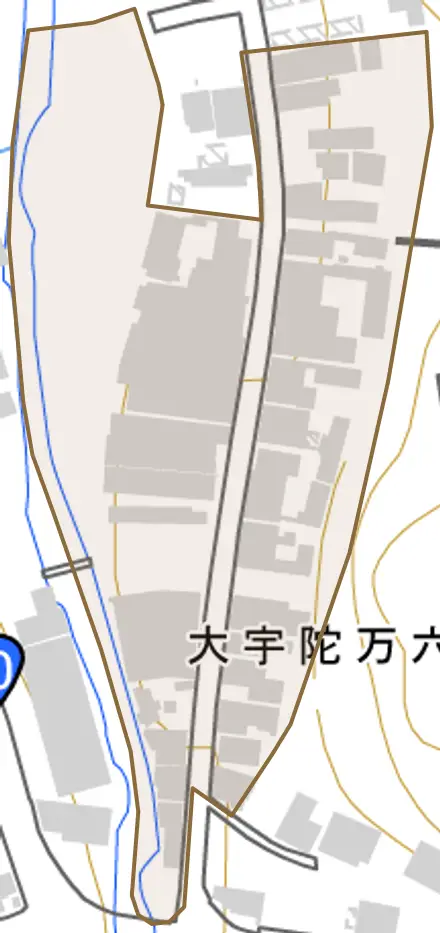 大宇陀万六とその周辺の地図。町の範囲を重ねている
