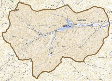大宇陀宮奥とその周辺の地図。町の範囲を重ねている