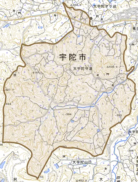 大宇陀守道とその周辺の地図。町の範囲を重ねている