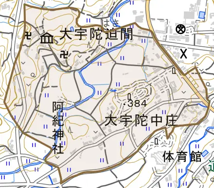 大宇陀中庄とその周辺の地図。町の範囲を重ねている
