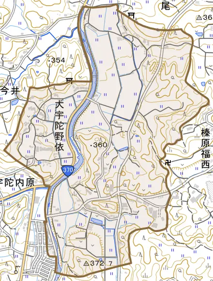 大宇陀野依とその周辺の地図。町の範囲を重ねている