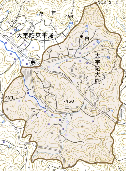大宇陀大熊とその周辺の地図。町の範囲を重ねている