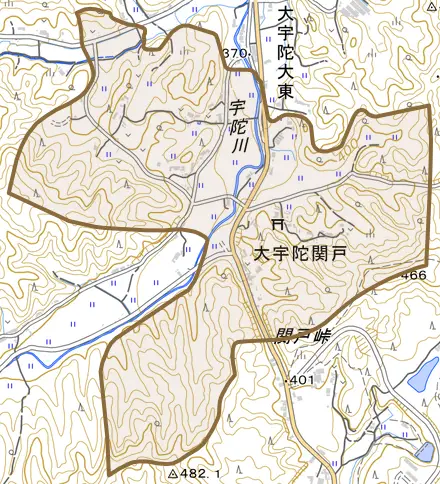 大宇陀関戸とその周辺の地図。町の範囲を重ねている
