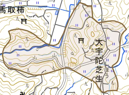 大宇陀芝生とその周辺の地図。町の範囲を重ねている