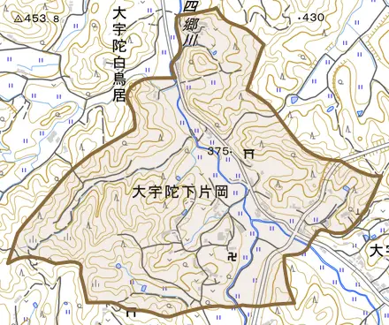 大宇陀下片岡とその周辺の地図。町の範囲を重ねている