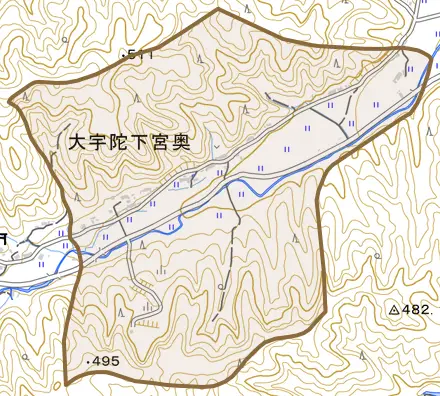 大宇陀下宮奥とその周辺の地図。町の範囲を重ねている
