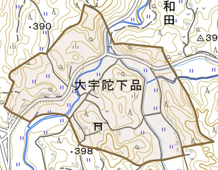 大宇陀下品とその周辺の地図。町の範囲を重ねている