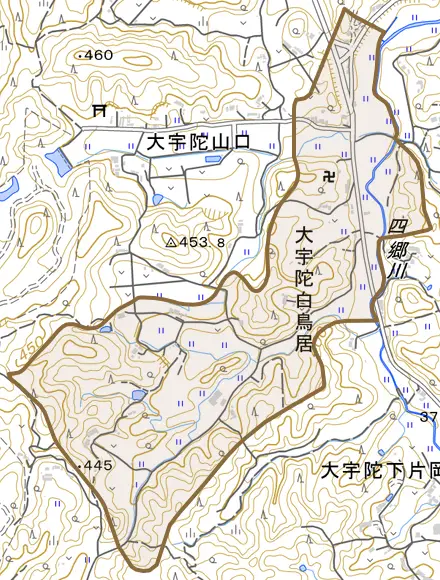 大宇陀白鳥居とその周辺の地図。町の範囲を重ねている