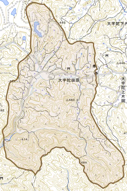 大宇陀田原とその周辺の地図。町の範囲を重ねている