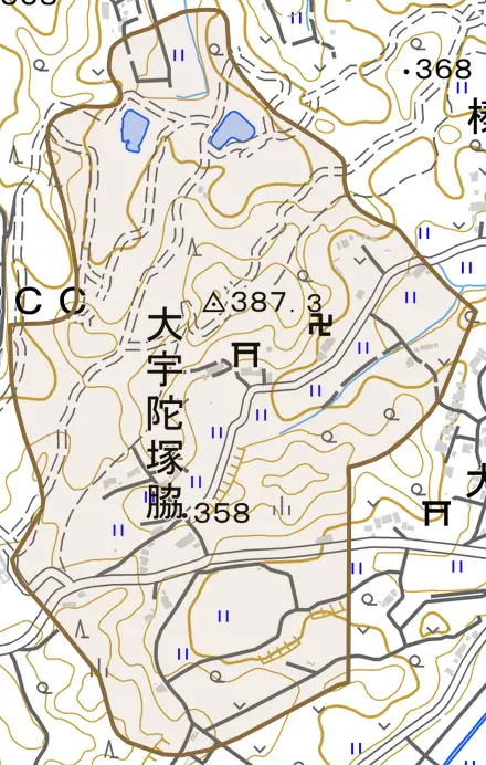 大宇陀塚脇とその周辺の地図。町の範囲を重ねている