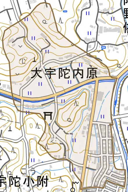 大宇陀内原とその周辺の地図。町の範囲を重ねている