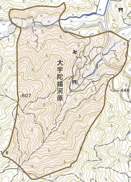 大宇陀嬉河原とその周辺の地図。町の範囲を重ねている