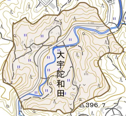 大宇陀和田とその周辺の地図。町の範囲を重ねている