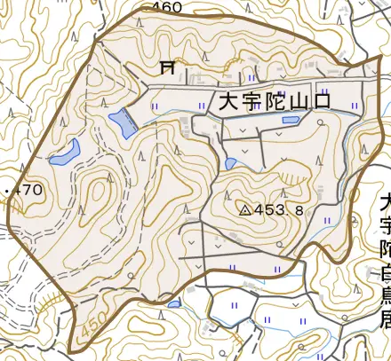 大宇陀山口とその周辺の地図。町の範囲を重ねている