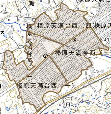 榛原天満台西とその周辺の地図。町の範囲を重ねている