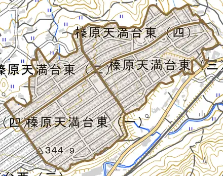 榛原天満台東とその周辺の地図。町の範囲を重ねている
