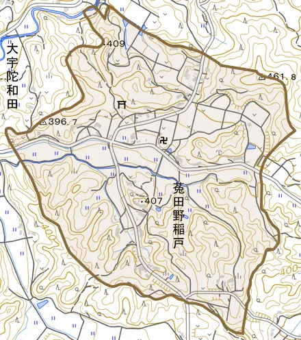 菟田野稲戸とその周辺の地図。町の範囲を重ねている