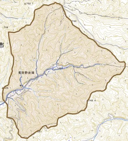 菟田野岩端とその周辺の地図。町の範囲を重ねている