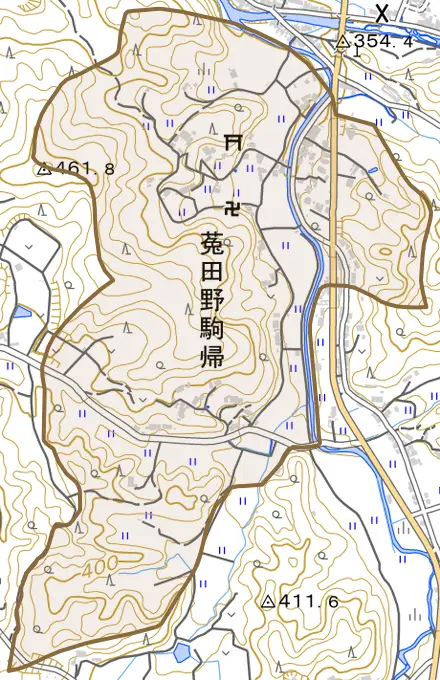 菟田野駒帰とその周辺の地図。町の範囲を重ねている