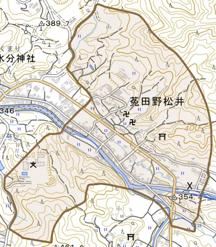 菟田野松井とその周辺の地図。町の範囲を重ねている