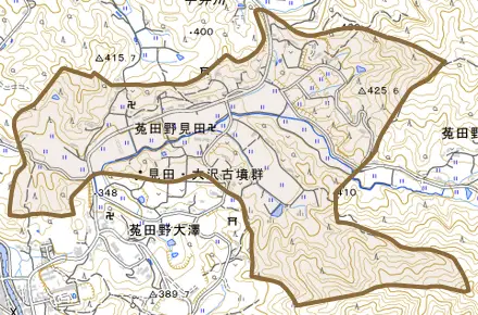 菟田野見田とその周辺の地図。町の範囲を重ねている