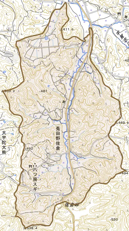 菟田野佐倉とその周辺の地図。町の範囲を重ねている