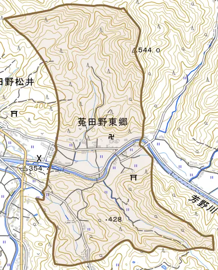 菟田野東郷とその周辺の地図。町の範囲を重ねている