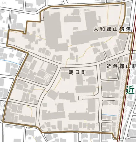 朝日町とその周辺の地図。町の範囲を重ねている