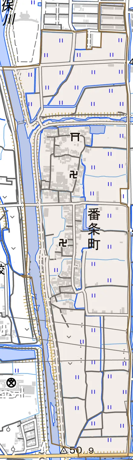 番条町とその周辺の地図。町の範囲を重ねている