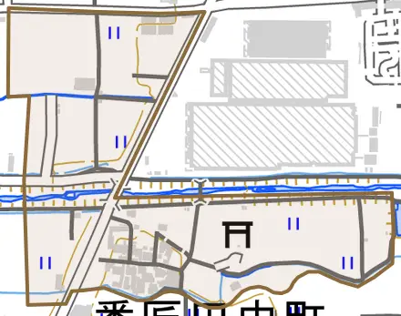 番匠田中町とその周辺の地図。町の範囲を重ねている