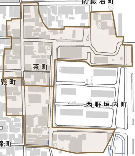 茶町とその周辺の地図。町の範囲を重ねている
