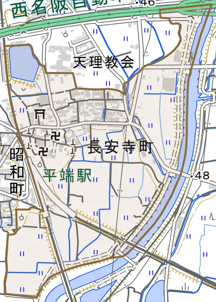 長安寺町とその周辺の地図。町の範囲を重ねている