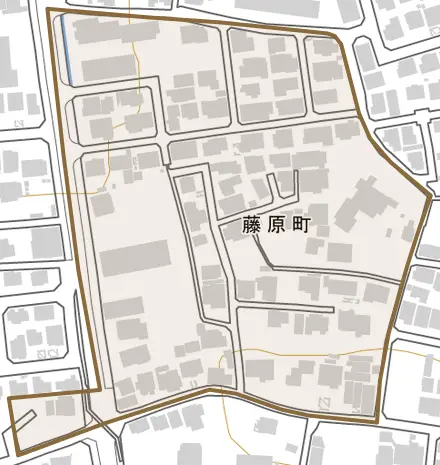 藤原町とその周辺の地図。町の範囲を重ねている