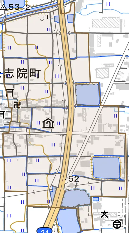 発志院町とその周辺の地図。町の範囲を重ねている