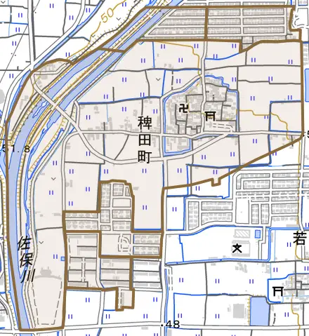 稗田町とその周辺の地図。町の範囲を重ねている
