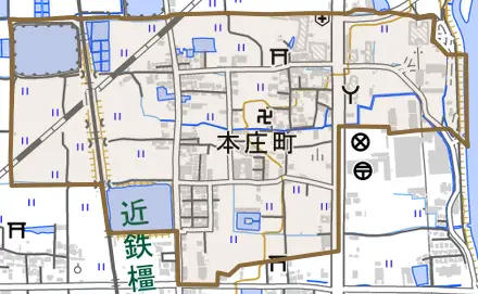 本庄町とその周辺の地図。町の範囲を重ねている