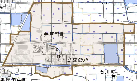 井戸野町とその周辺の地図。町の範囲を重ねている