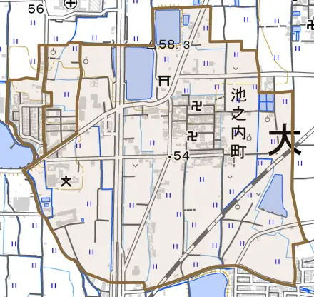 池之内町とその周辺の地図。町の範囲を重ねている