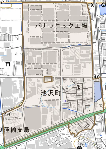 池沢町とその周辺の地図。町の範囲を重ねている
