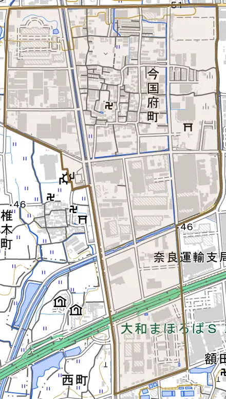 今国府町とその周辺の地図。町の範囲を重ねている