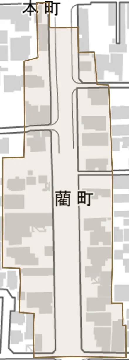 藺町とその周辺の地図。町の範囲を重ねている